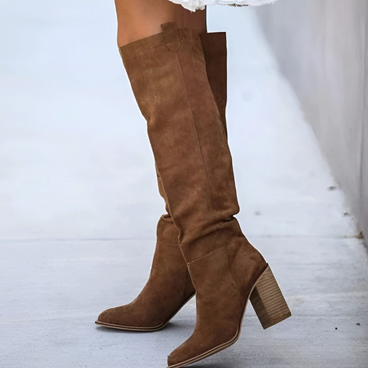 Women's Suede Pointed-Toe Block-Heel Knee High Boots