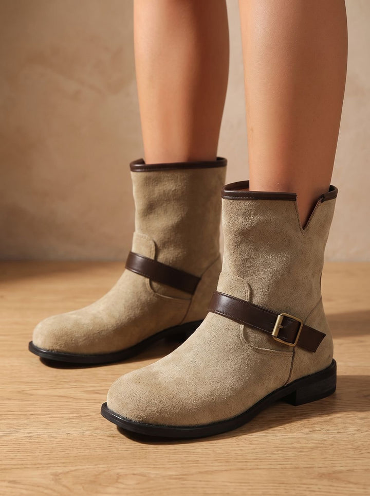 Women's Suede Slip-On Ankle Boots Buckle Strap Block Heel