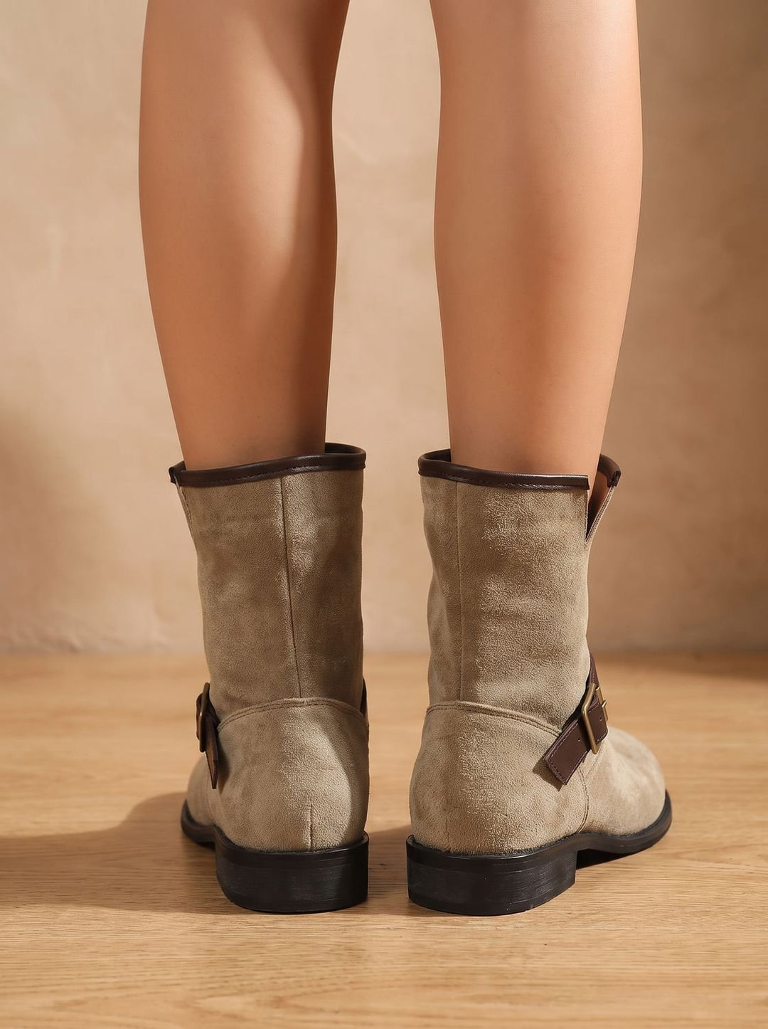 Women's Suede Slip-On Ankle Boots Buckle Strap Block Heel
