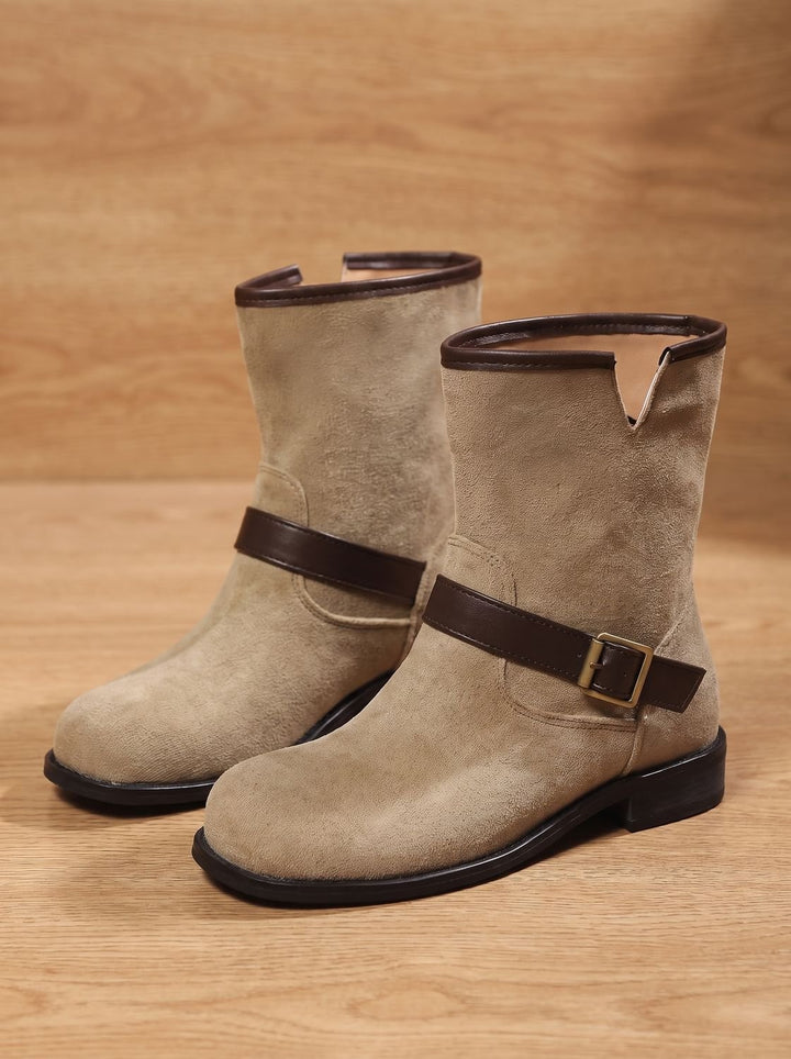 Women's Suede Slip-On Ankle Boots Buckle Strap Block Heel