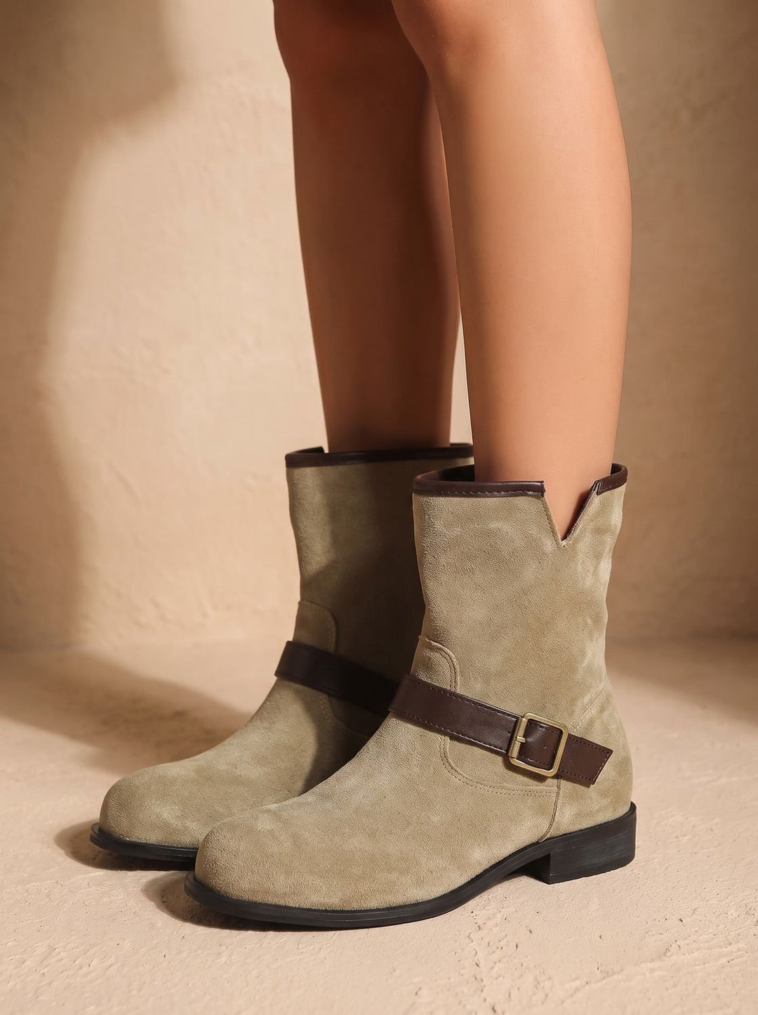 Women's Suede Slip-On Ankle Boots Buckle Strap Block Heel - Ecru