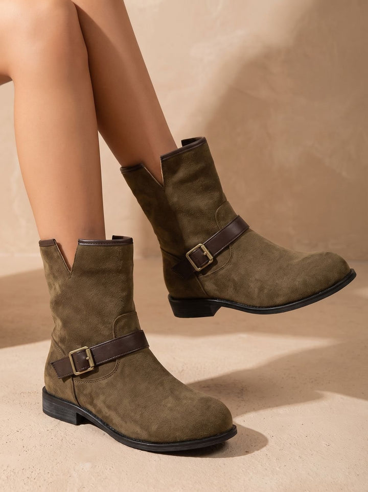 Women's Suede Slip-On Ankle Boots Buckle Strap Block Heel - Dark Brown