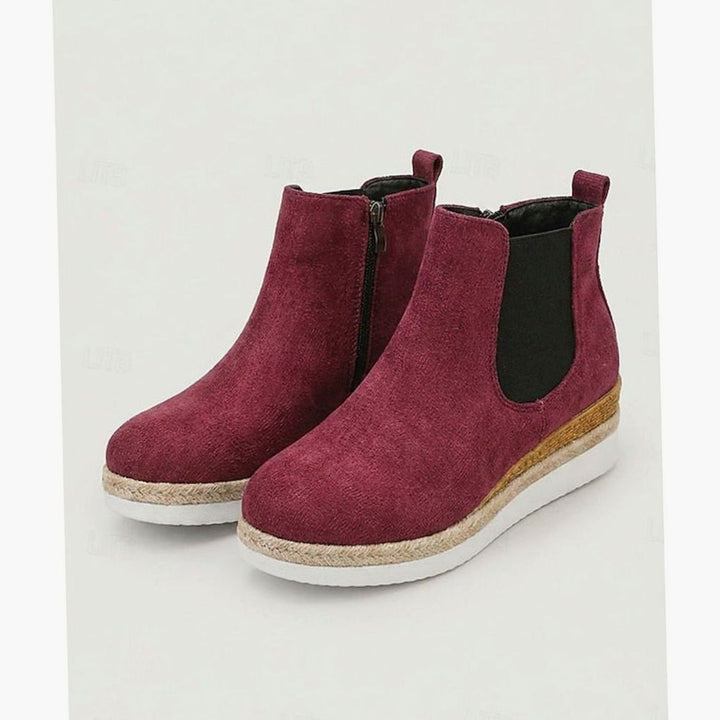 Women's Suede Wedge Chelsea Ankle Boots Side Zipper - Burgundy