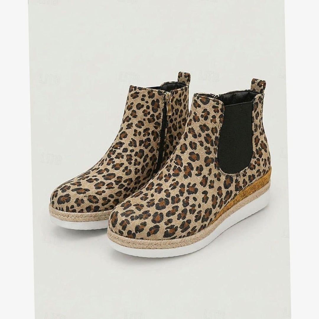 Women's Suede Wedge Chelsea Ankle Boots Side Zipper - Leopard