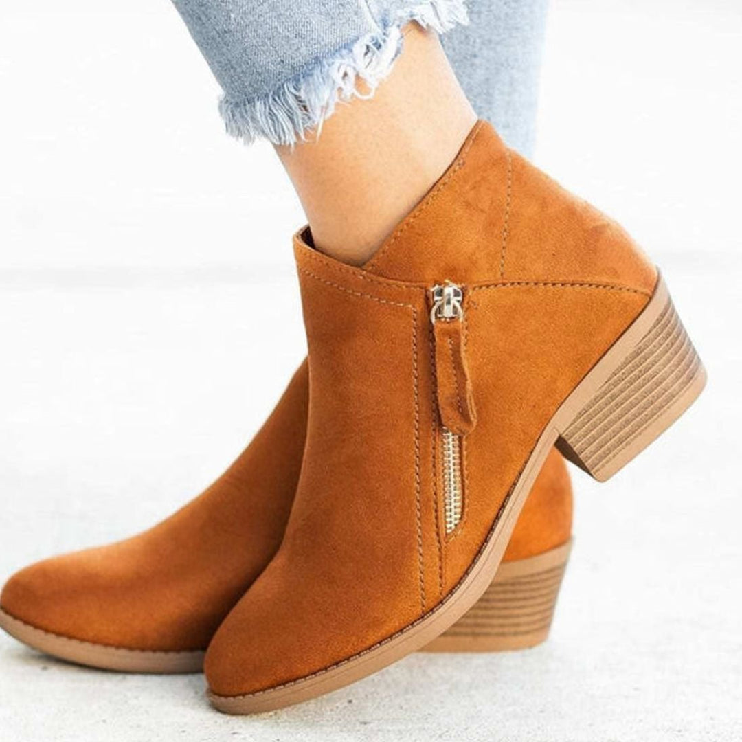 Women's Suede Zip-Up Block-Heel Ankle Boots - Khaki