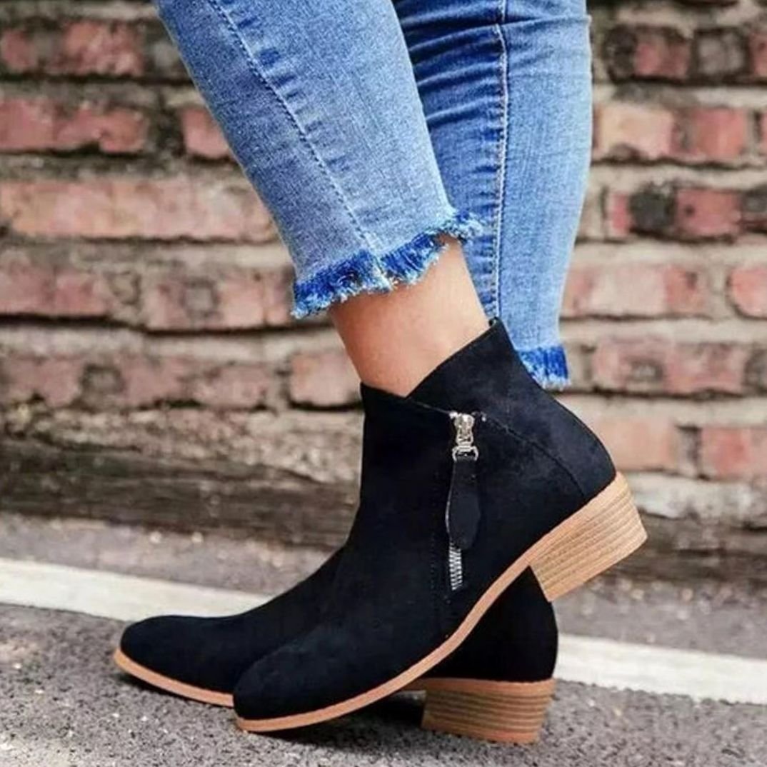 Women's Suede Zip-Up Block-Heel Ankle Boots