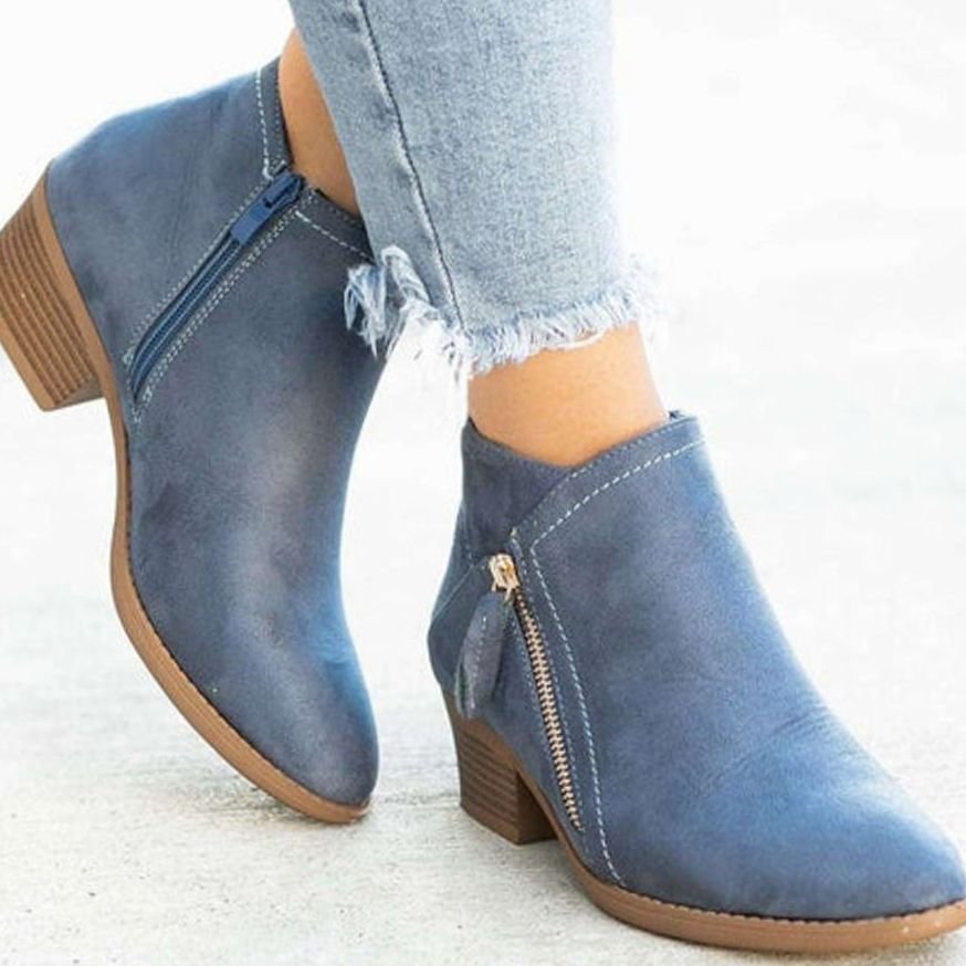 Women's Suede Zip-Up Block-Heel Ankle Boots - Blue