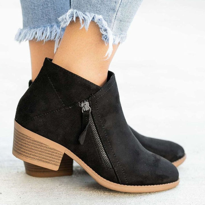 Women's Suede Zip-Up Block-Heel Ankle Boots - Black