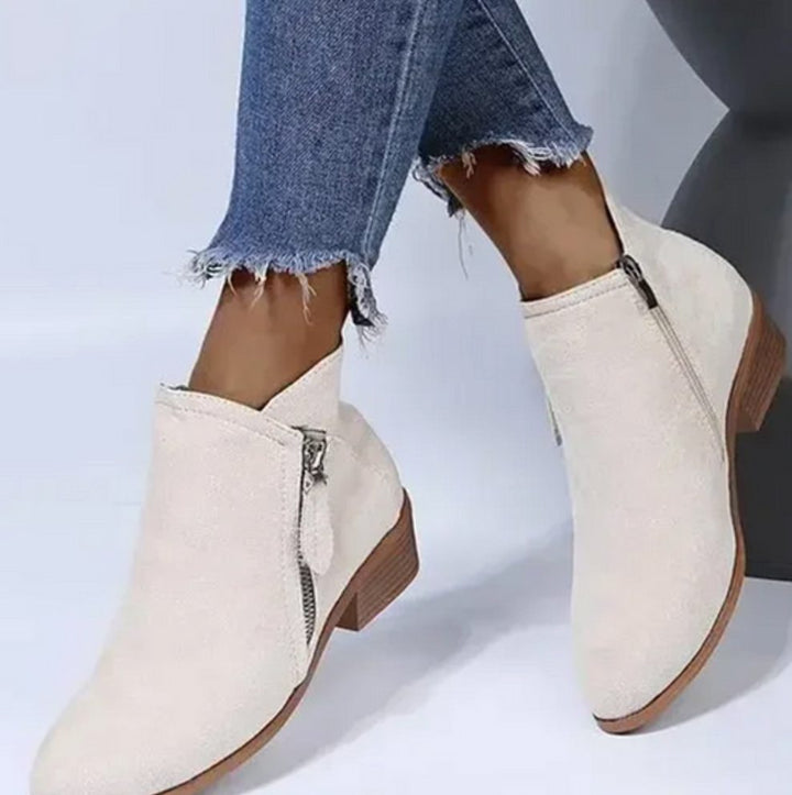 Women's Suede Zip-Up Block-Heel Ankle Boots - Beige