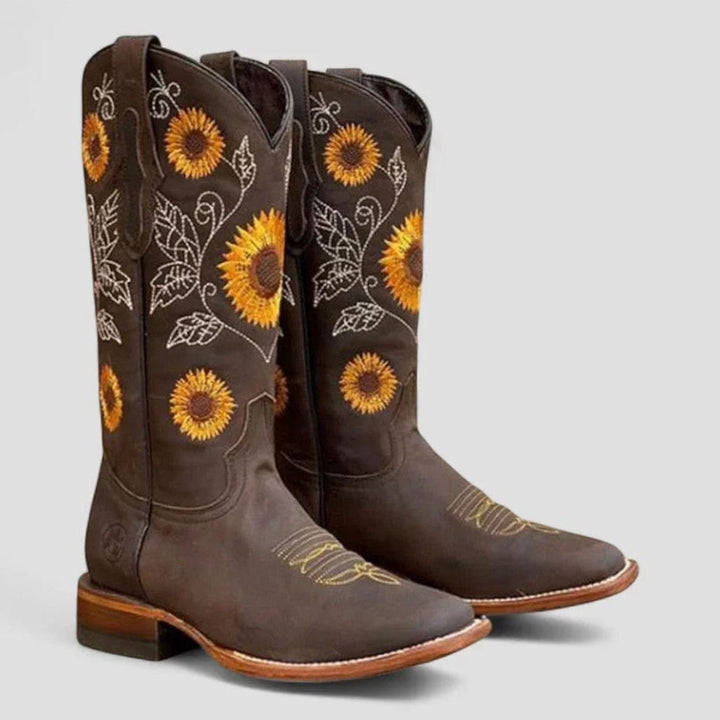 Women's Sunflower Embroidered Western Cowboy Boots Low Heel - Dark Brown