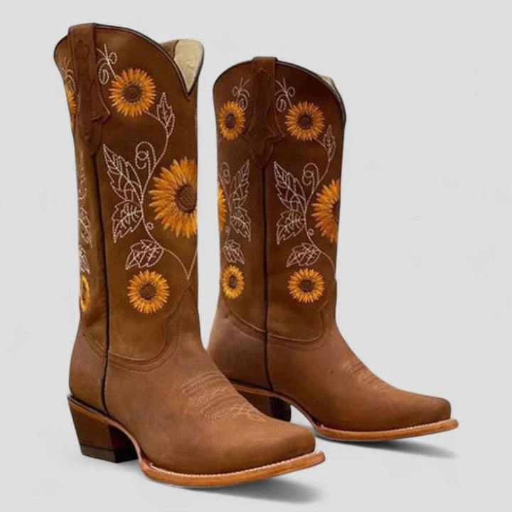 Women's Sunflower Embroidered Western Cowboy Boots Low Heel - Brown