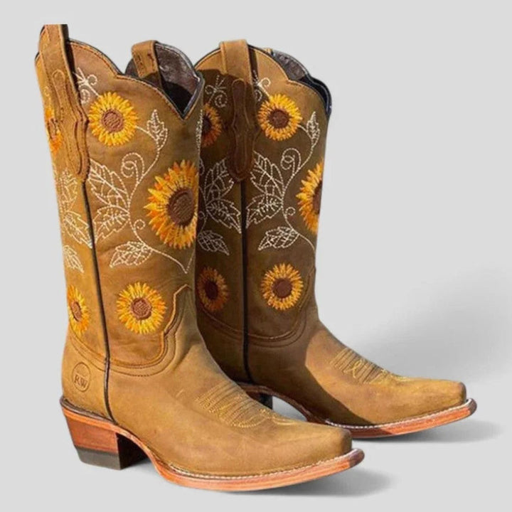 Women's Sunflower Embroidered Western Cowboy Boots Low Heel - Khaki