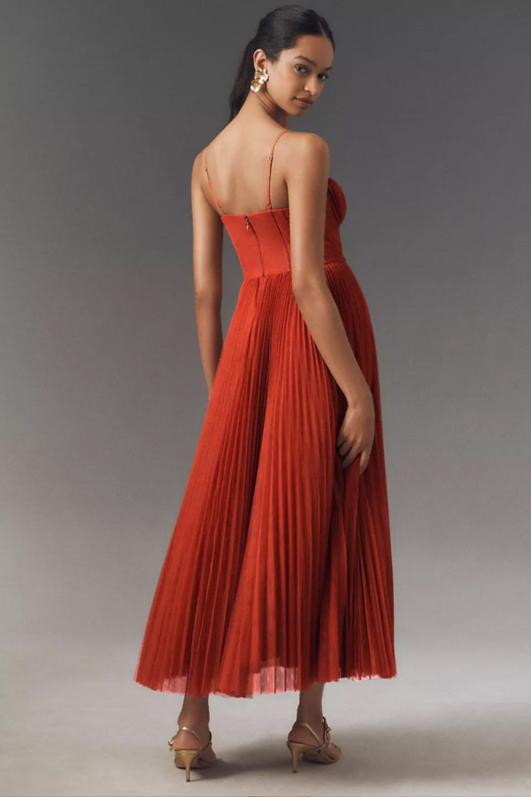 Women's Sweetheart Corset-Bodice Pleated Tulle Midi Dress