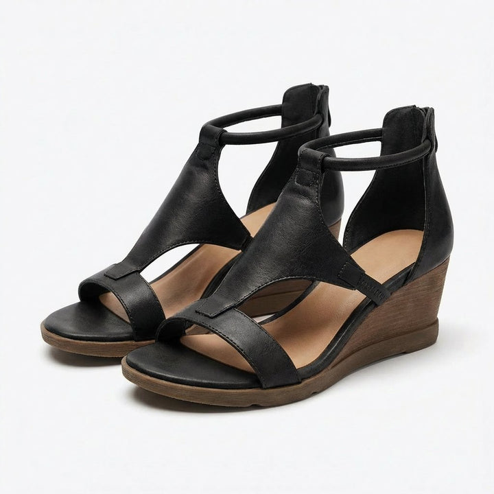 Women's T-Strap Open-Toe Ankle-Strap Wedge Sandals - Negro