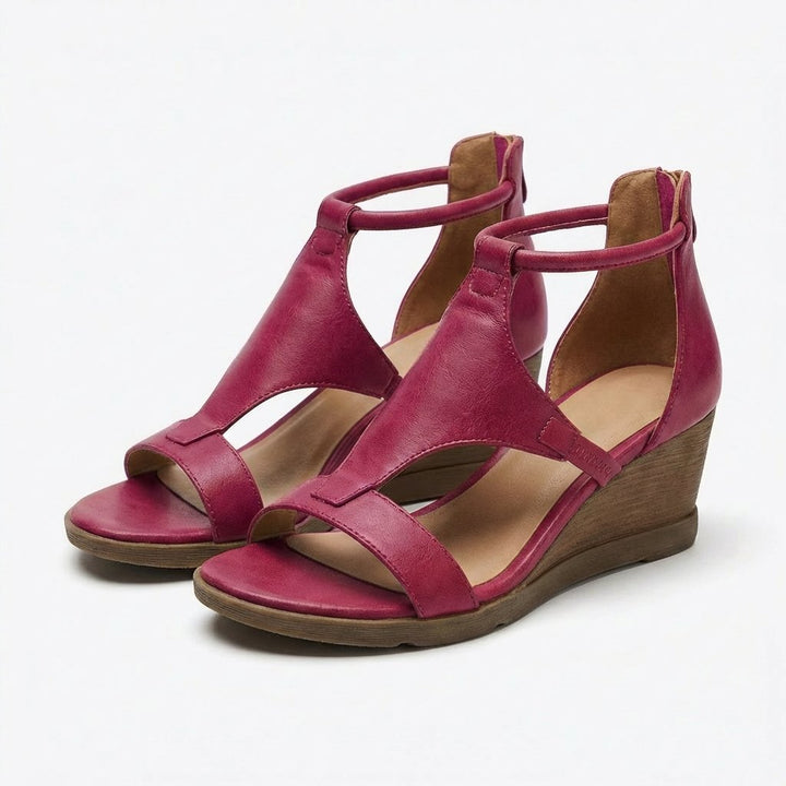 Women's T-Strap Open-Toe Ankle-Strap Wedge Sandals - Borgoña