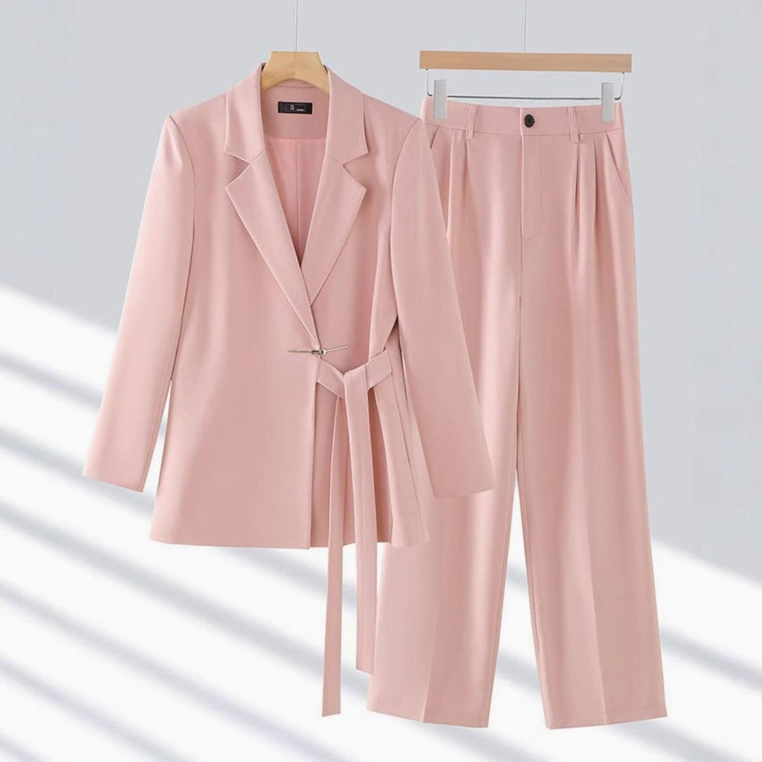 Women's Tailored Belted Blazer Wide-Leg Trouser Suit Set - Pink