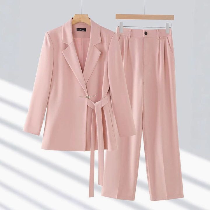 Women's Tailored Belted Blazer Wide-Leg Trouser Suit Set - Pink