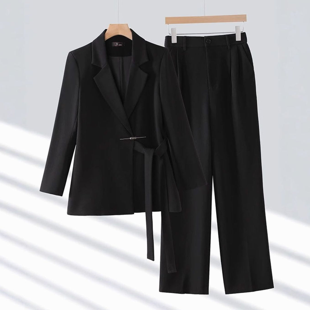 Women's Tailored Belted Blazer Wide-Leg Trouser Suit Set - Black