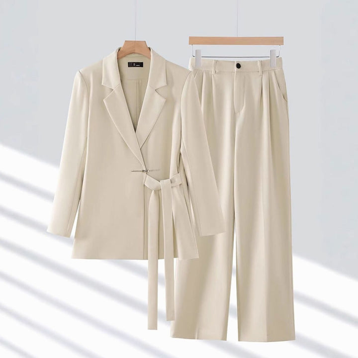 Women's Tailored Belted Blazer Wide-Leg Trouser Suit Set - Off White