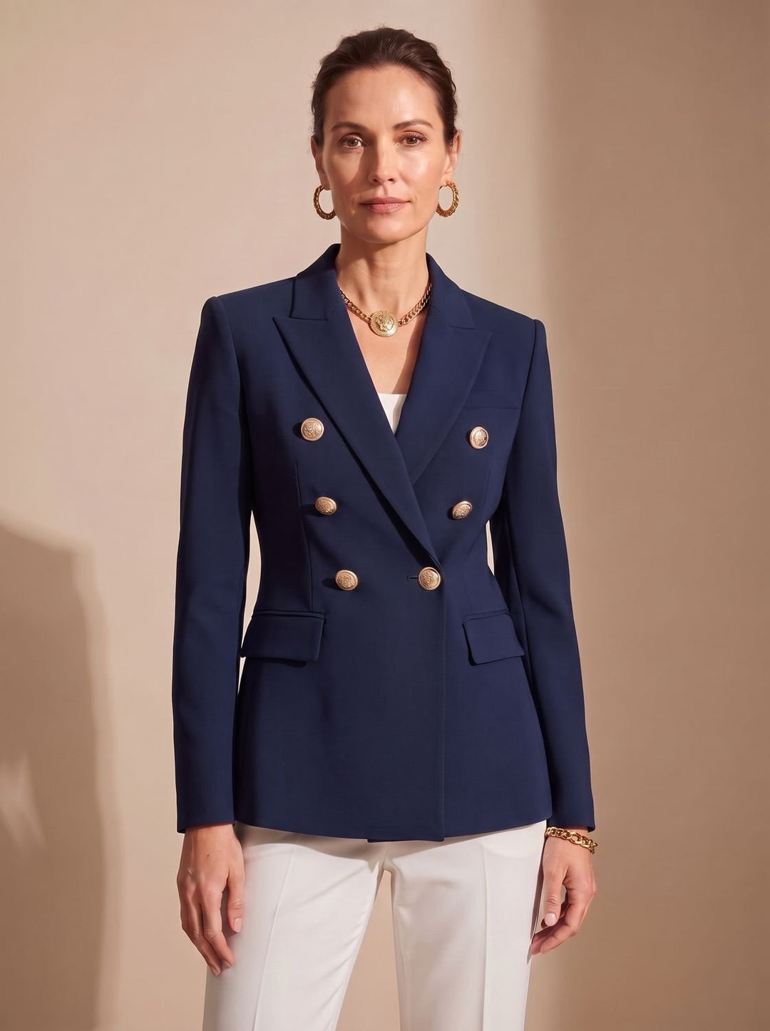 Women's Tailored Double-Breasted Gold-Button Blazer - Black