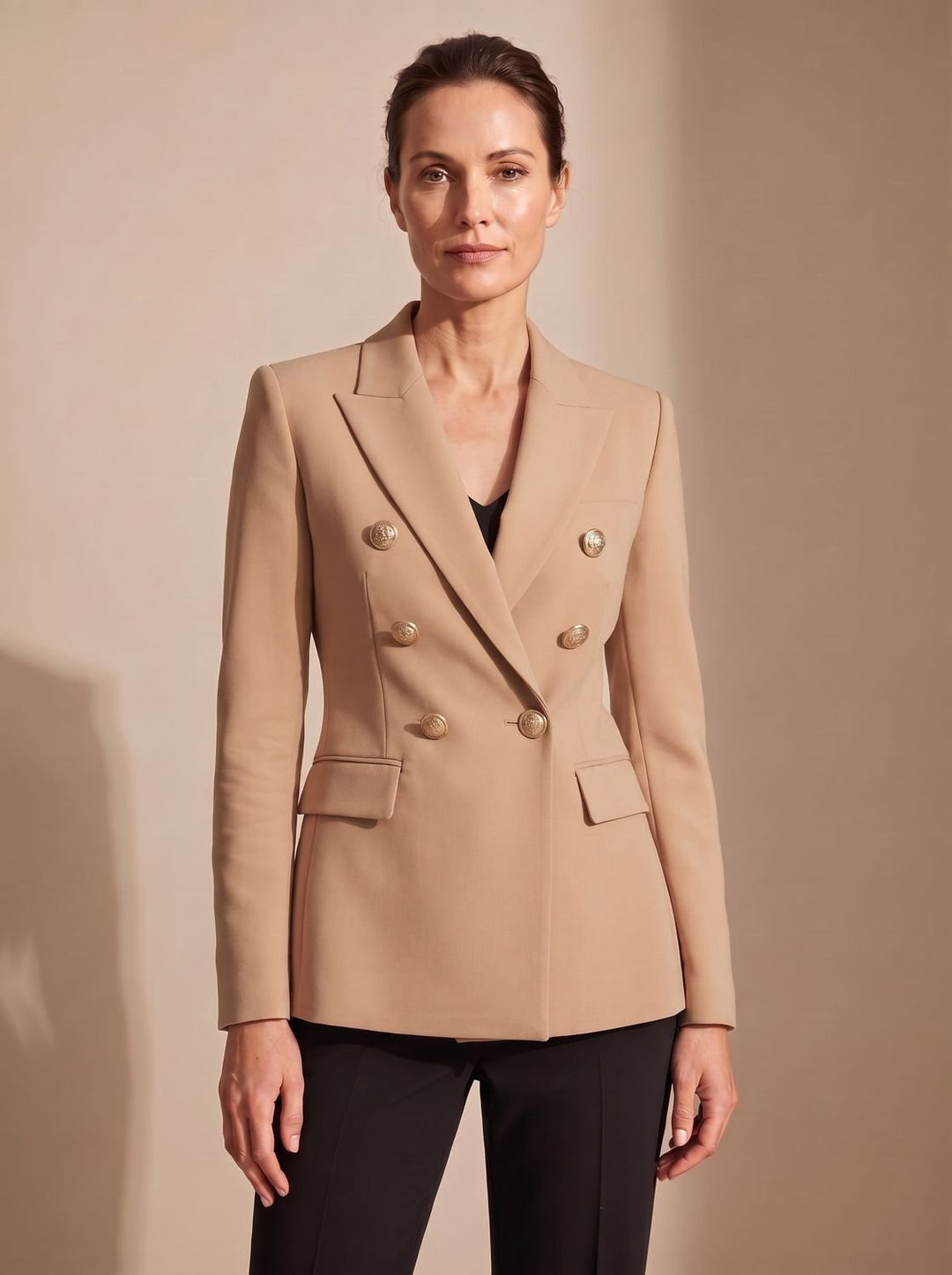 Women's Tailored Double-Breasted Gold-Button Blazer - Khaki