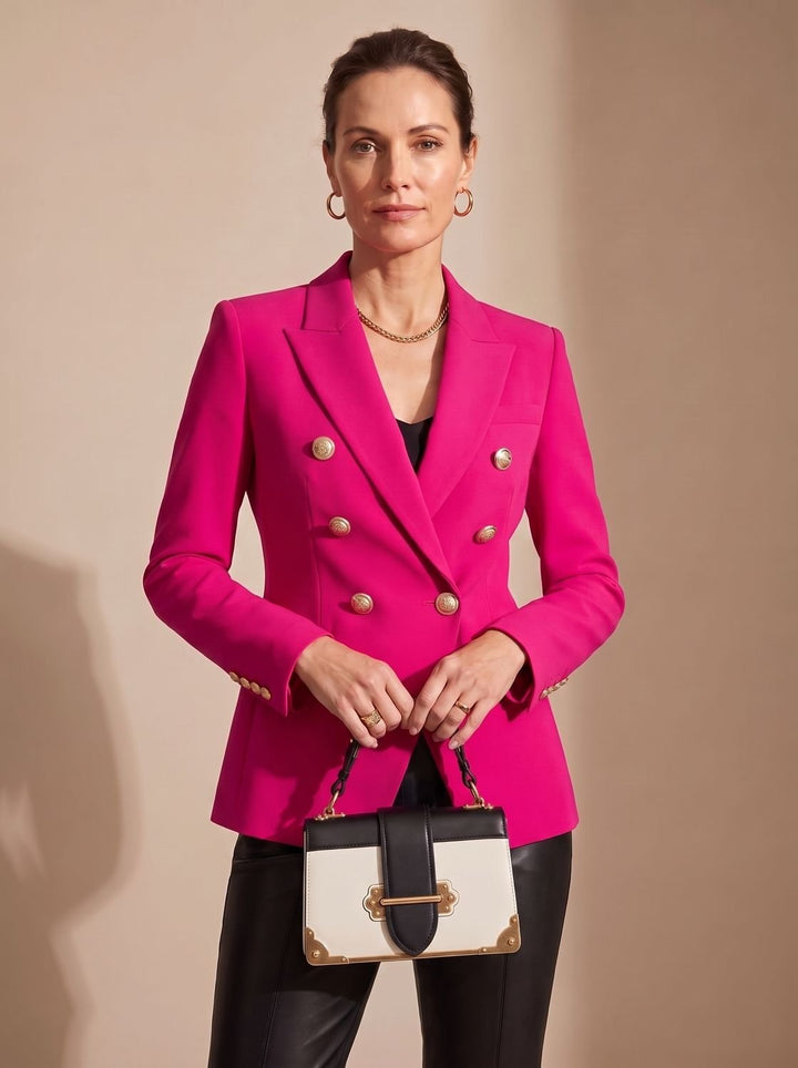 Women's Tailored Double-Breasted Gold-Button Blazer - Pink