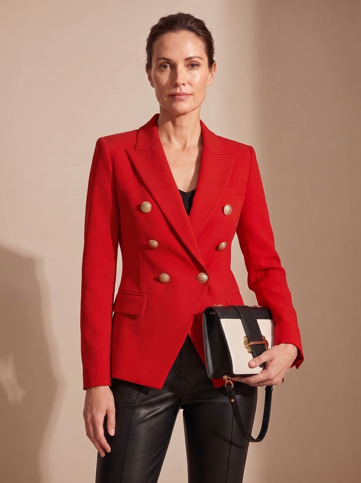 Women's Tailored Double-Breasted Gold-Button Blazer - Red