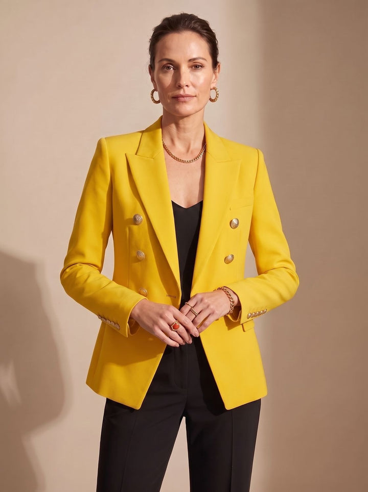 Women's Tailored Double-Breasted Gold-Button Blazer - Yellow