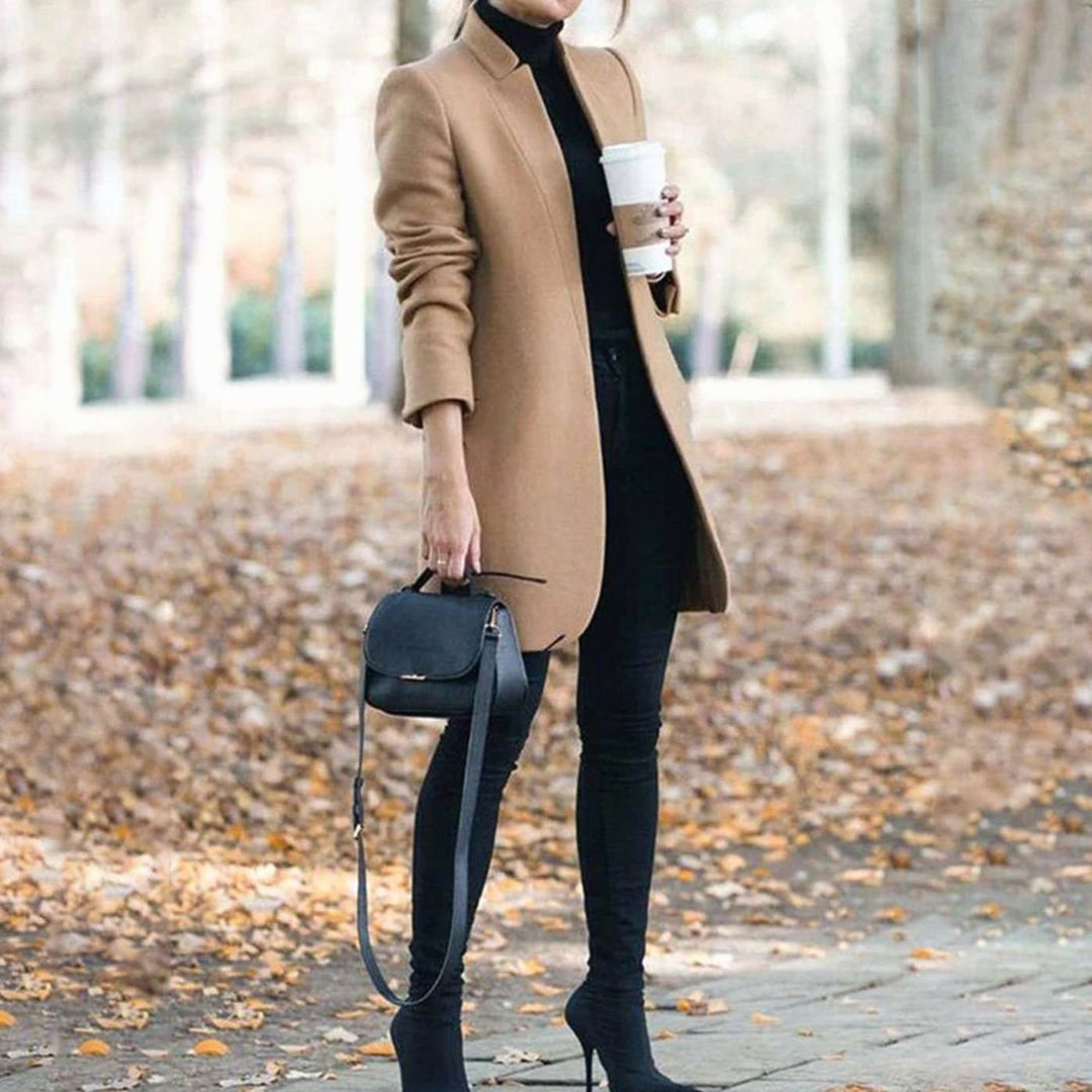 Women's Tailored Lapel Long Winter Coat Classic Structured Outerwear - Khaki