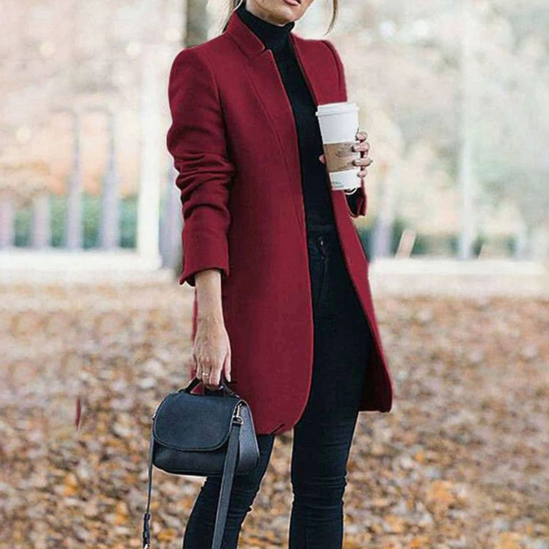 Women's Tailored Lapel Long Winter Coat Classic Structured Outerwear - Wine Red