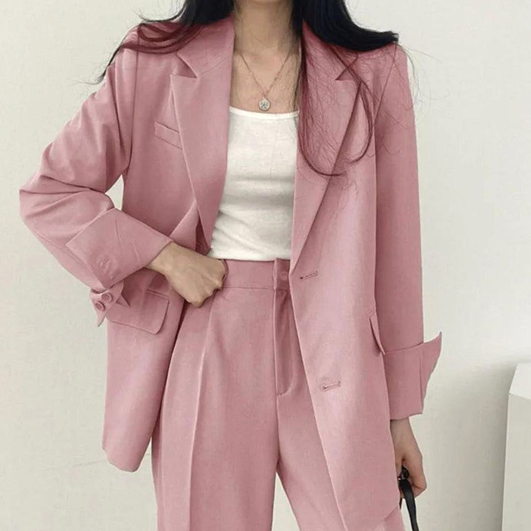 Women's Tailored Long Blazer High-Waist Trouser Suit Set - Pink
