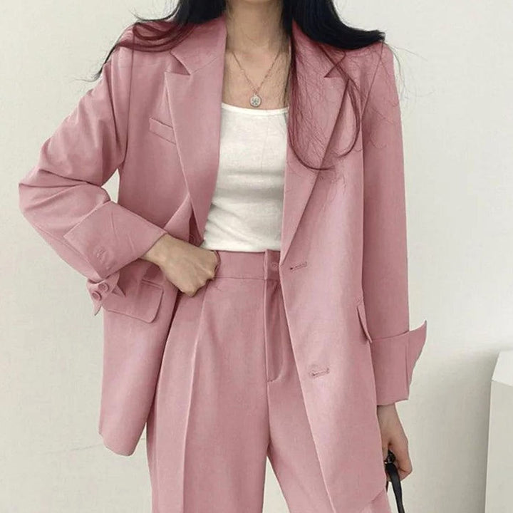 Women's Tailored Long Blazer High-Waist Trouser Suit Set - Pink