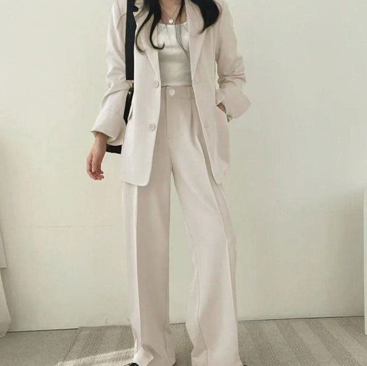 Women's Tailored Long Blazer High-Waist Trouser Suit Set