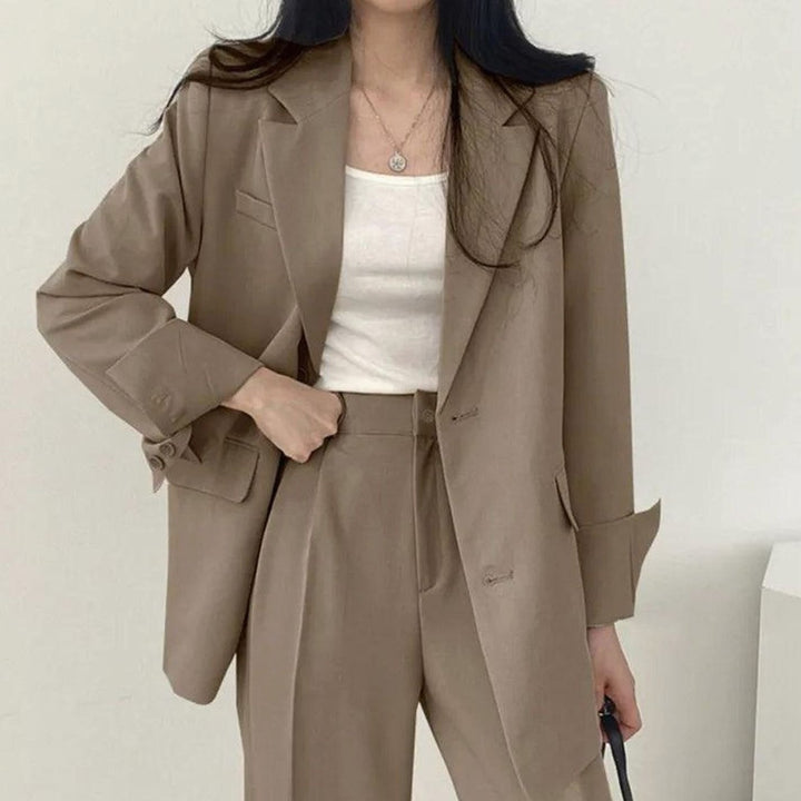 Women's Tailored Long Blazer High-Waist Trouser Suit Set - Brown