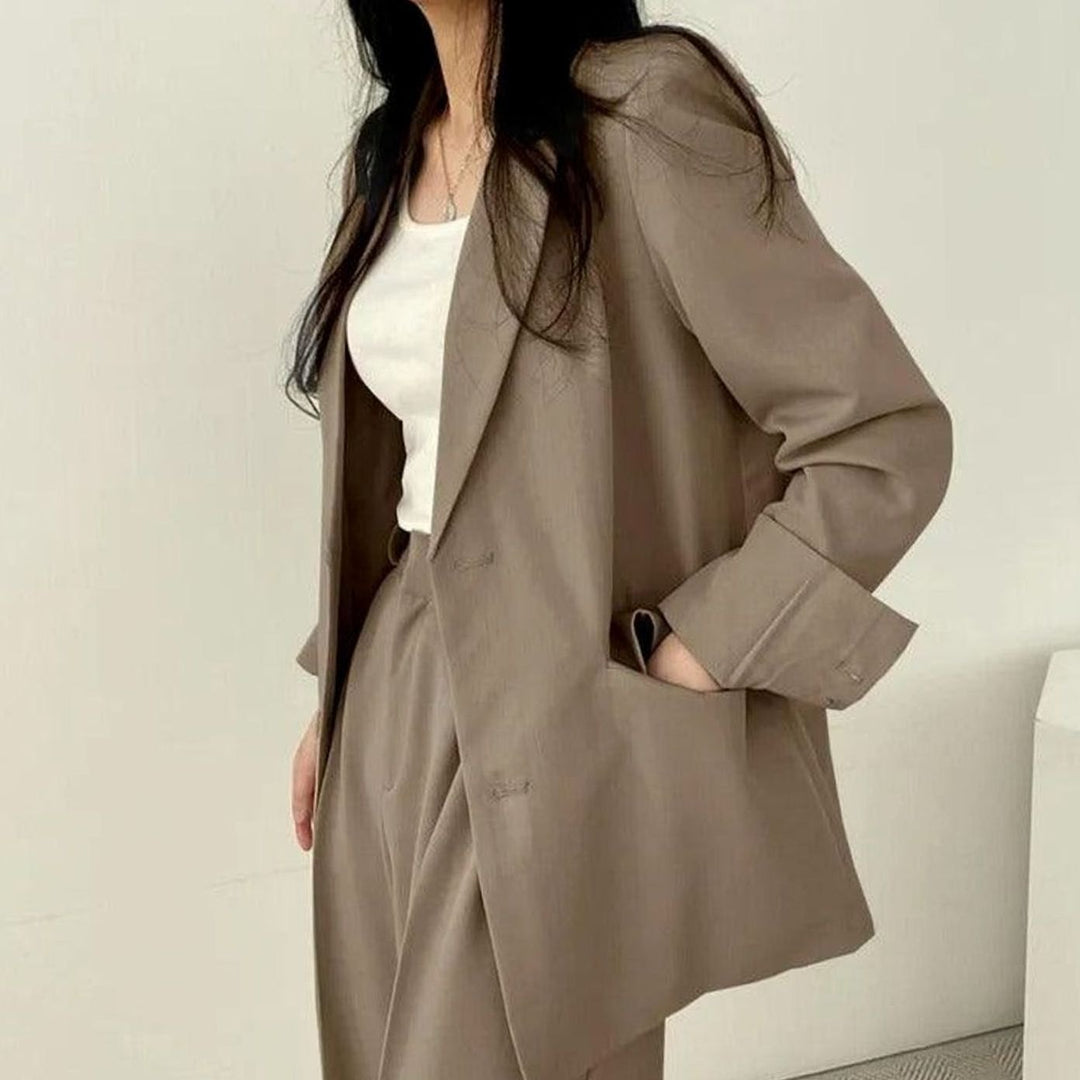 Women's Tailored Long Blazer High-Waist Trouser Suit Set