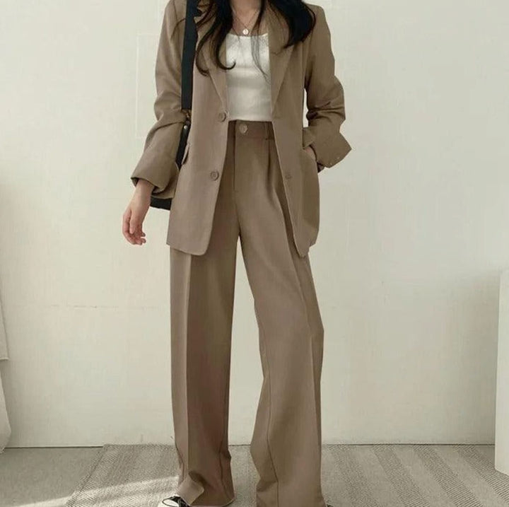 Women's Tailored Long Blazer High-Waist Trouser Suit Set