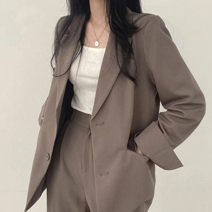 Women's Tailored Long Blazer High-Waist Trouser Suit Set
