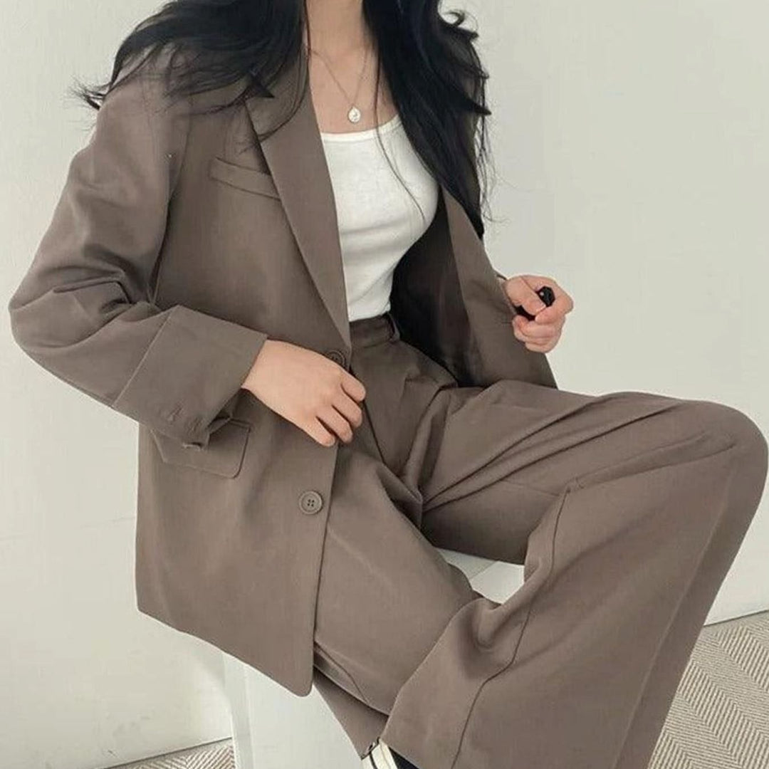 Women's Tailored Long Blazer High-Waist Trouser Suit Set