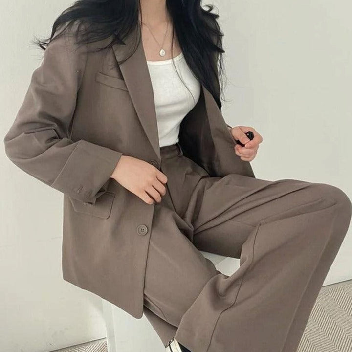 Women's Tailored Long Blazer High-Waist Trouser Suit Set