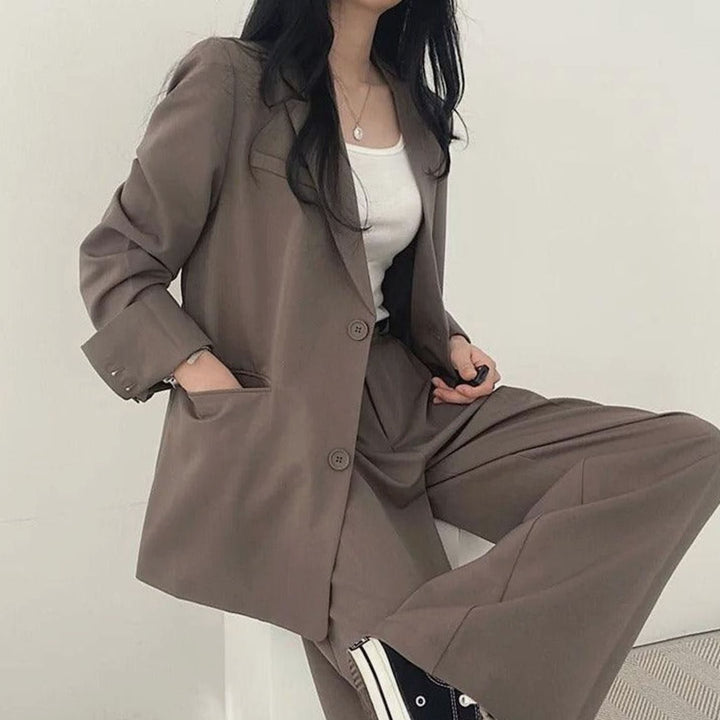 Women's Tailored Long Blazer High-Waist Trouser Suit Set