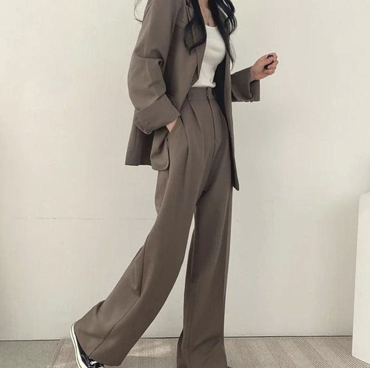 Women's Tailored Long Blazer High-Waist Trouser Suit Set