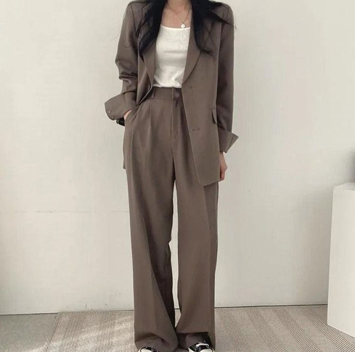 Women's Tailored Long Blazer High-Waist Trouser Suit Set