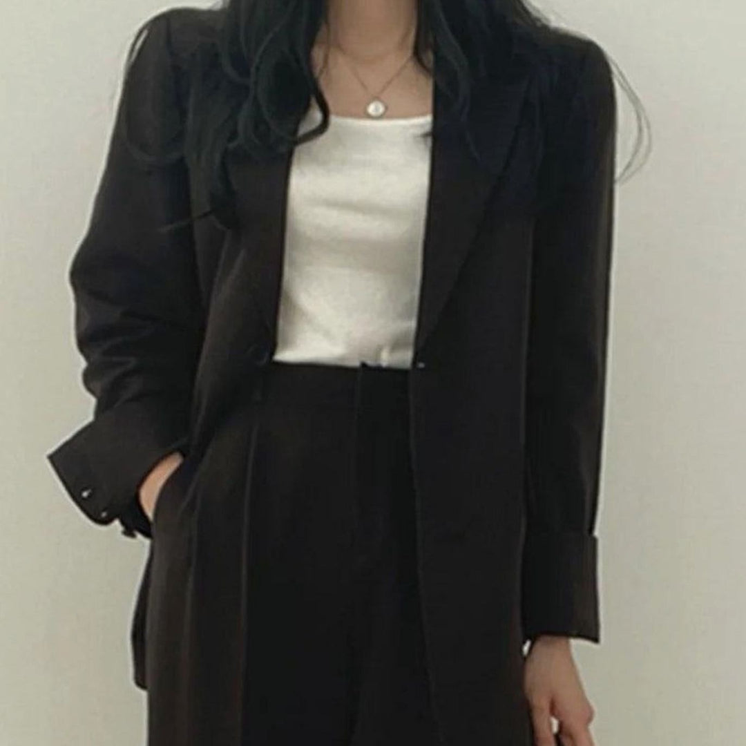 Women's Tailored Long Blazer High-Waist Trouser Suit Set - Black
