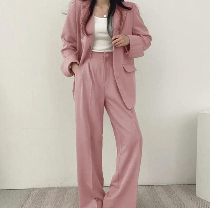 Women's Tailored Long Blazer High-Waist Trouser Suit Set