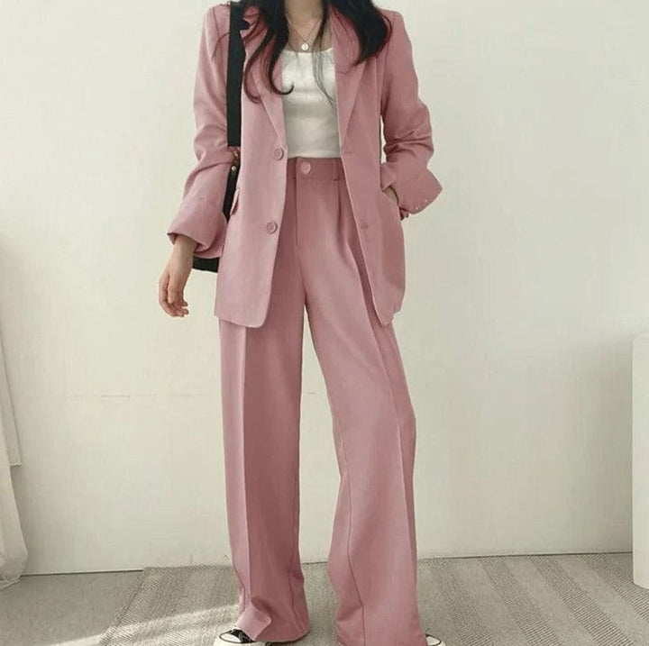 Women's Tailored Long Blazer High-Waist Trouser Suit Set