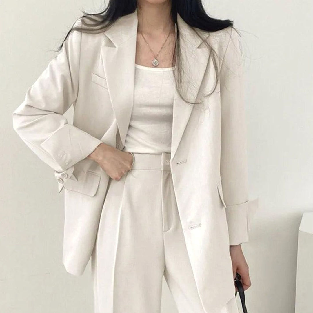 Women's Tailored Long Blazer High-Waist Trouser Suit Set - White