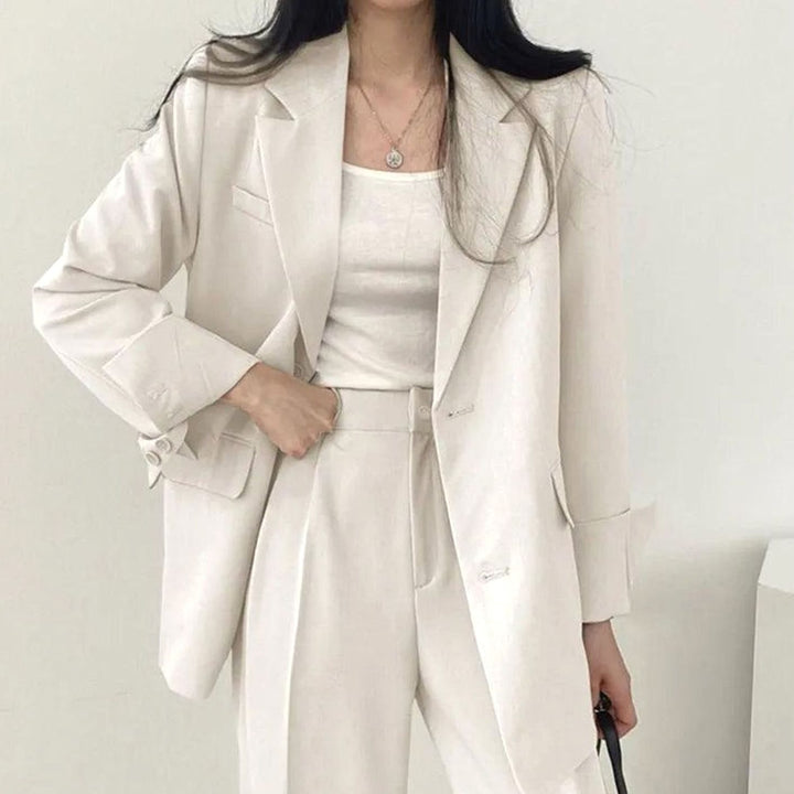 Women's Tailored Long Blazer High-Waist Trouser Suit Set - White