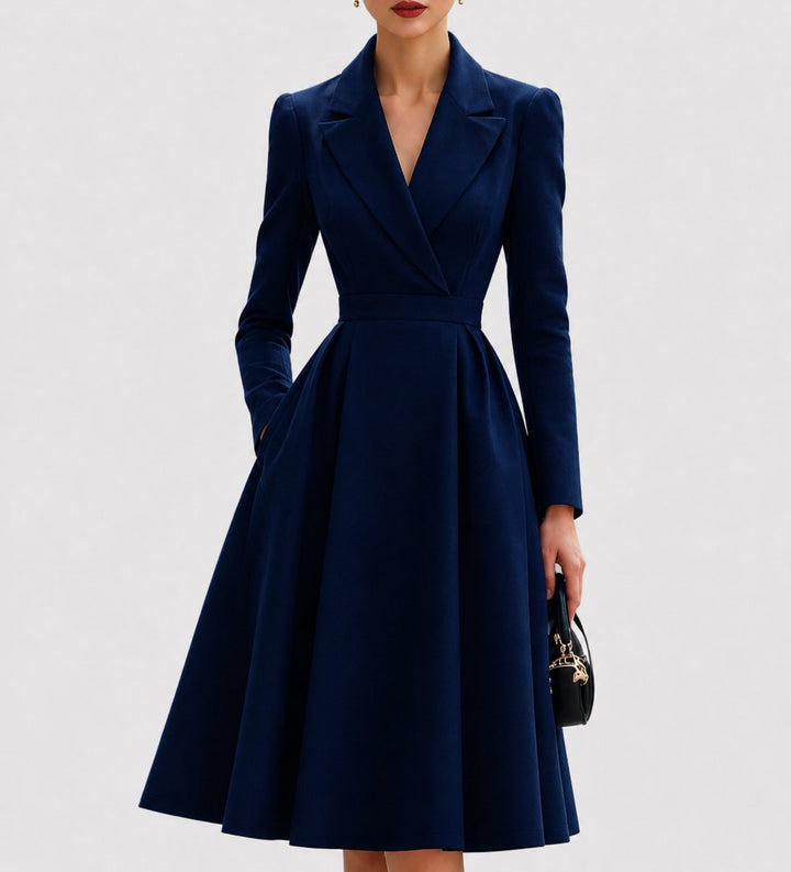 Women's Tailored Long-Sleeve A-Line Formal Dresses Coat Dress - Navy Blue