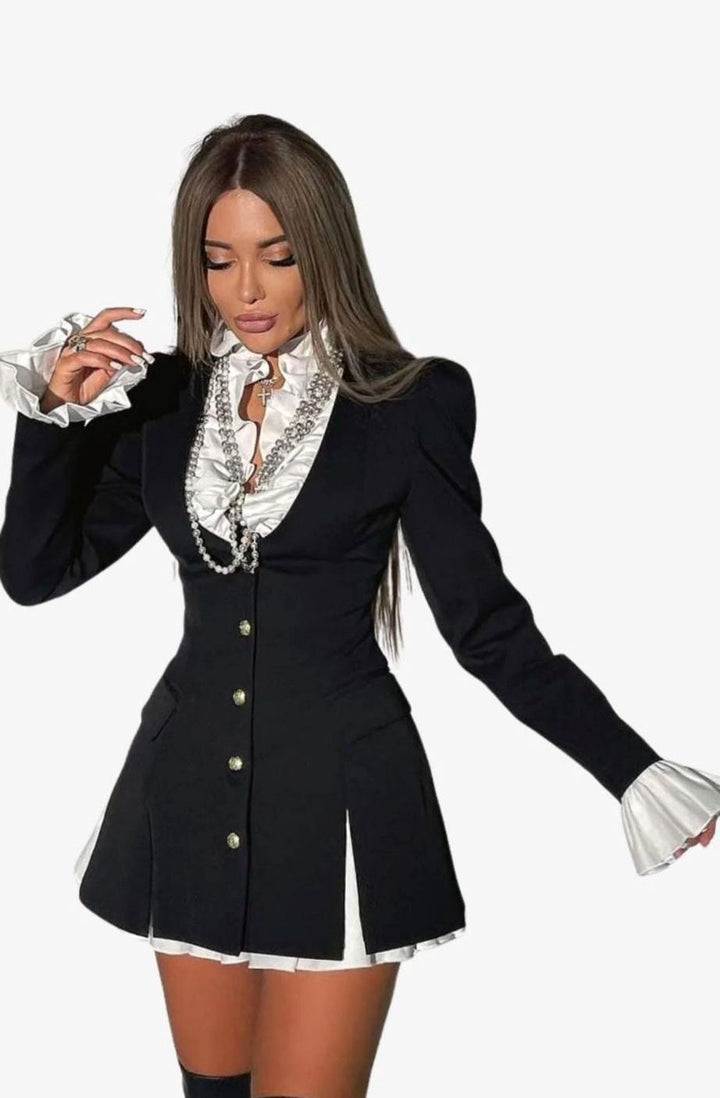 Women's Tailored Ruffle-Neck Gold-Button Mini Shirt Dress