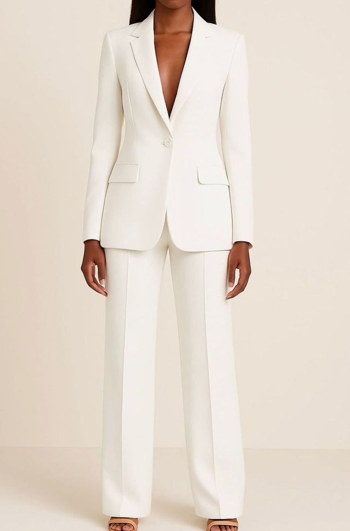 Women's Tailored Single-Button Wide-Leg Blazer Suit Set - White